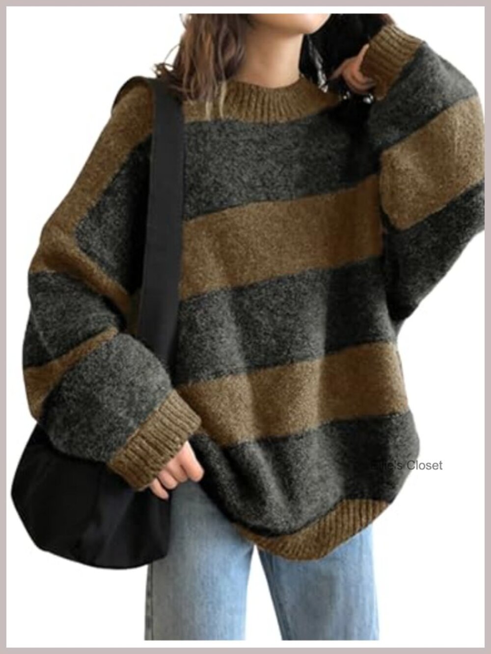Women's Oversized Striped Knit Pullover Sweater Long Sleeve Crewneck